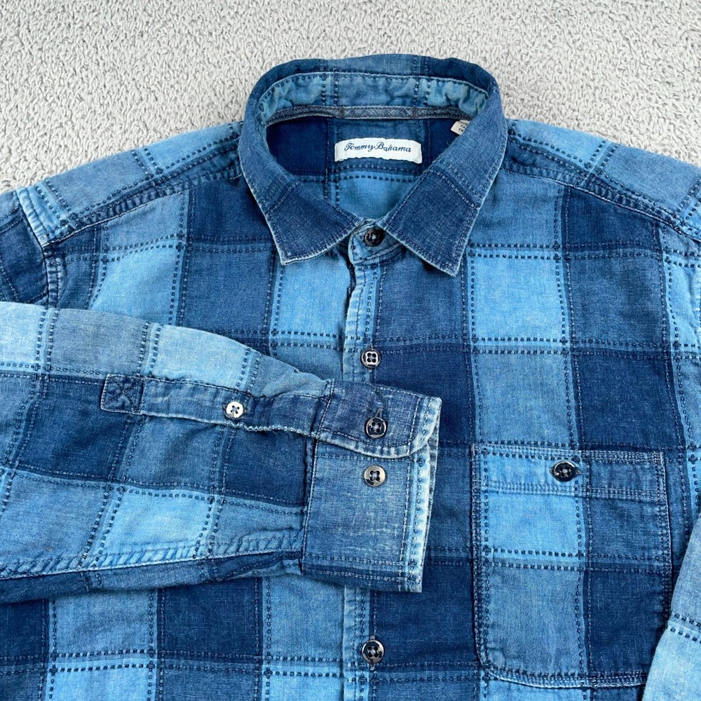 Tommy Bahama Shirt Mens Large Blue Indigo Patchwork Plaid Long Sleeve Cotton